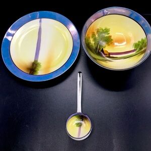 1920’s 3Pc Noritake, Japan Fine China Hand Painted Landscape Plate, Bowl Spoon